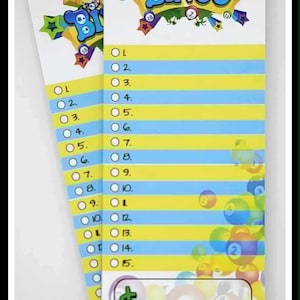 May include: Two Bingo cards with a colorful design. The word "BINGO" is at the top in blue and green. The cards have yellow and blue horizontal stripes with numbered circles. The bottom of the card has a dollar sign and the number 1.