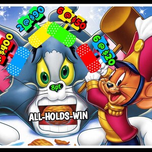 May include: Tom and Jerry cartoon characters in a game of chance. Tom is sad and has a bandage on his head. Jerry is happy and has a hammer. The text on the image reads "1 @ $400 2@ $90 6@$50 6 @$20 8pt ALL-HOLDS-WIN".