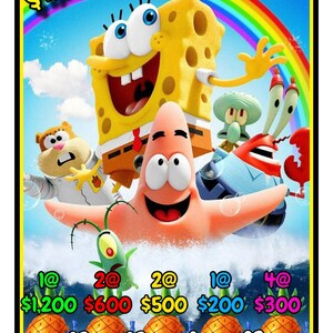 May include: A colorful bingo board featuring characters from the cartoon Spongebob Squarepants. The board has a rainbow arch at the top and a variety of Spongebob characters including Spongebob, Patrick Star, Squidward, and Mr. Krabs. The board has a $1,200 seal at the top and a variety of prizes listed at the bottom.