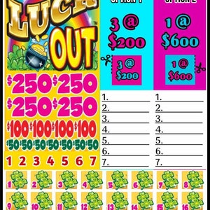 Op de afbeelding: Een loterijkaart met een ontwerp van een groene klaver en de woorden "LUCK OUT" in een regenboogkleurig lettertype. De kaart biedt twee winnende opties, met de kans om € 200 of € 600 te winnen. De kaart bevat ook een raster met 22 nummers.