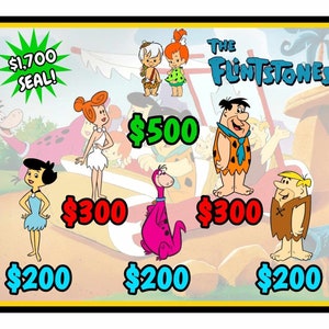 May include: A colorful illustration of the Flintstones characters with prices listed below each character. The characters include Fred Flintstone, Wilma Flintstone, Barney Rubble, Pebbles Flintstone, Bamm-Bamm Rubble, and Dino. The text "THE FLINTSTONES" is at the top of the image.