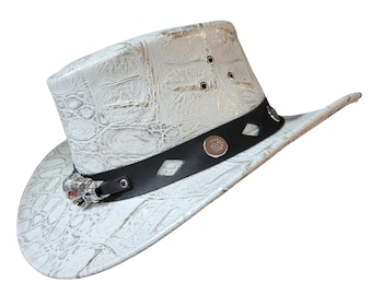Crocodile Texture Embossed White Leather Cowboy Hat