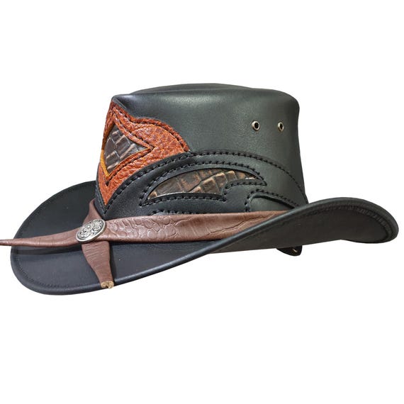 Brown and Black Leather hat western  Design unisex Lesa Collection Unisex Rustic Leather Cowboy Hat with Unique  main image 3