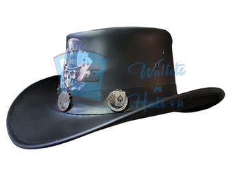 Western Black Leather Cowboy Hat with Laser Engraved Poker Skull Design