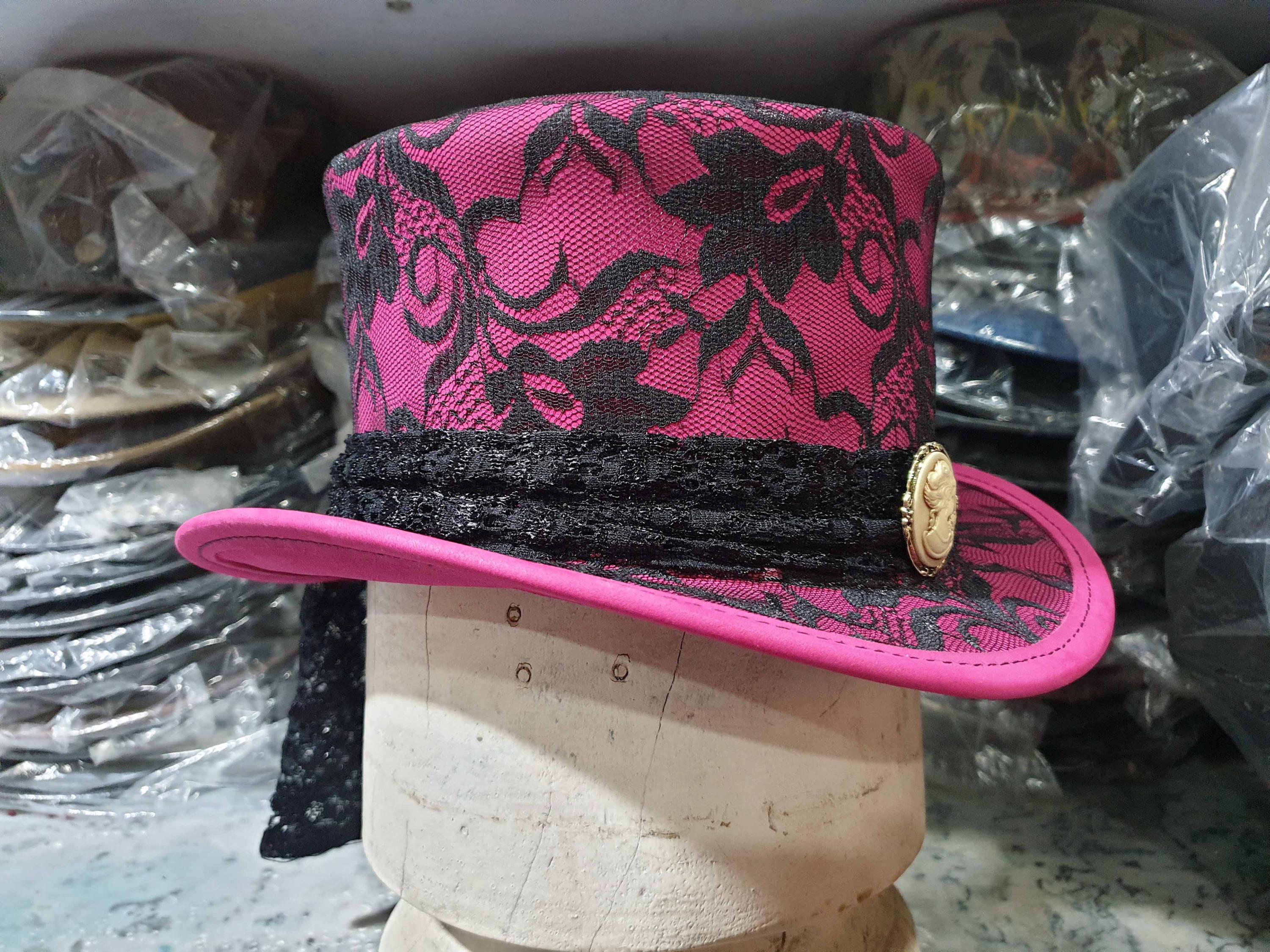 Spirit Brown Steampunk Top Hat with Pink Rose Accents Steampunk Victorian Bowler Flower Laces Top Hat - Brown  main image 3