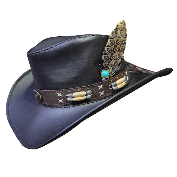 Western Longhorn Concho Beaded Band Black Leather Cowboy Hat  display picture 2