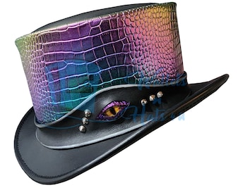 Iridescent Crocodile Leather Top Hat – Gothic Steampunk Hat with Dragon Eye Band – Festival, Burner & Statement