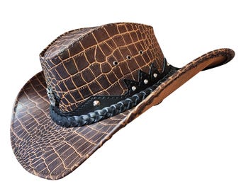 Western Icon Cowboy Crocodile Texture Embossed Cow Leather Hat