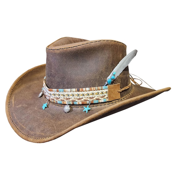 Rustic Brown Leather Cowboy Hat With Feather & Boho Beaded  display picture 1