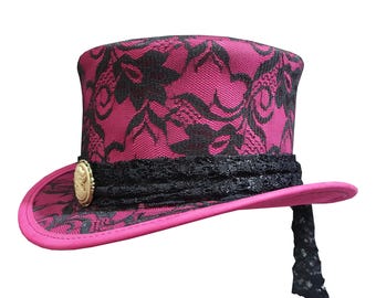 Sombrero de copa steampunk de cuero rosa