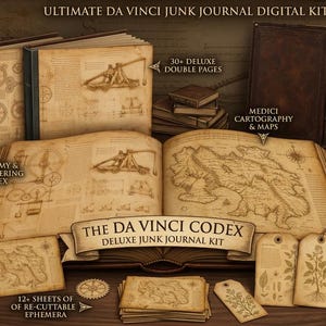 Da Vinci skräpjournalkit, utskrivbart digitalt papper från renässansen, Mega Codex Ephemera-paket, papper för vintageanatomi, sidor med flygande maskiner