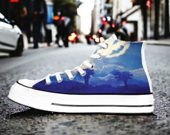 Sneakers Modello Converse, Scarpe Blu con Palme Californiane - Il Tuo Viaggio Estivo Inizia Qui!