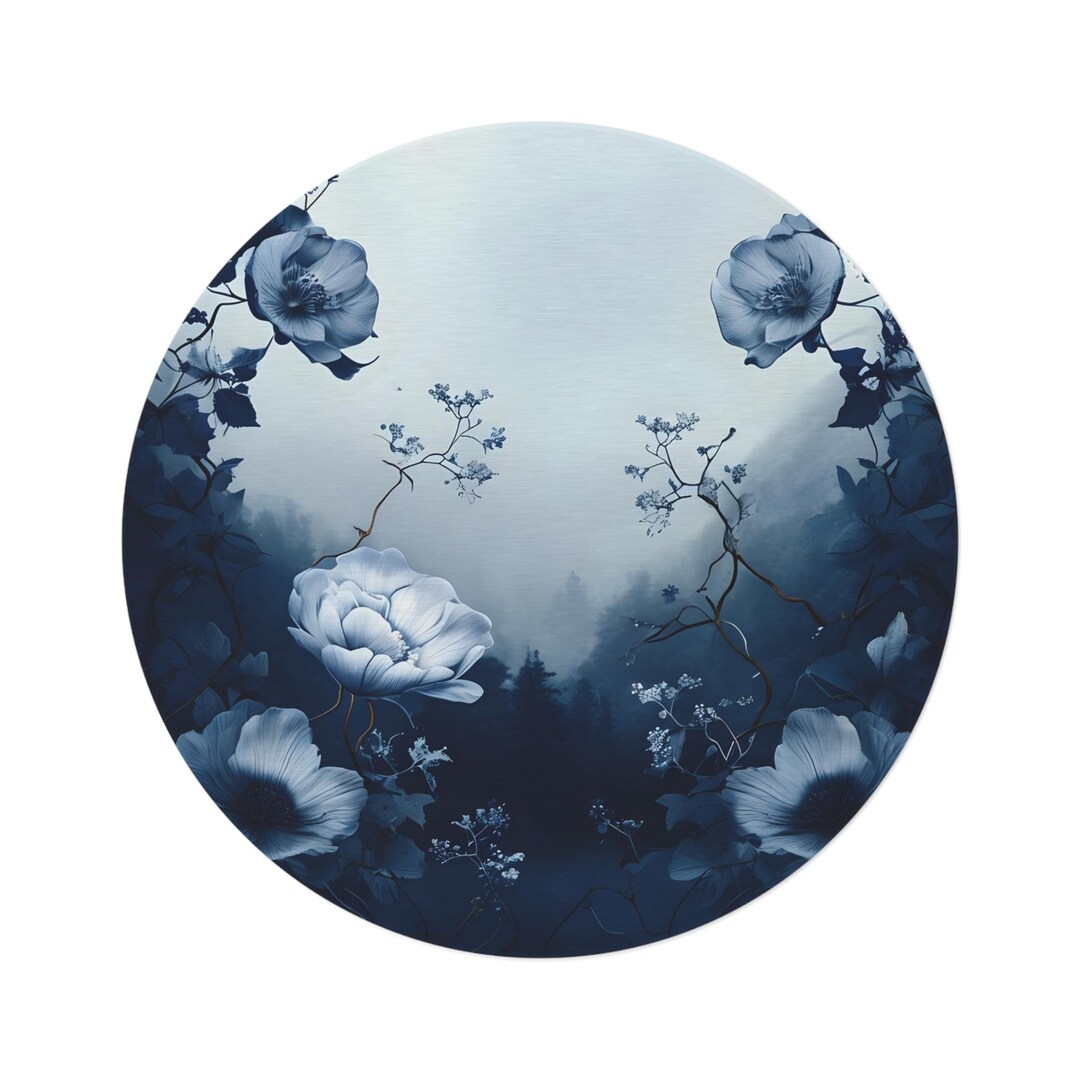 Blue Mountain Blue Landscape Round Rug, Blue Flowers Home Decor ...
