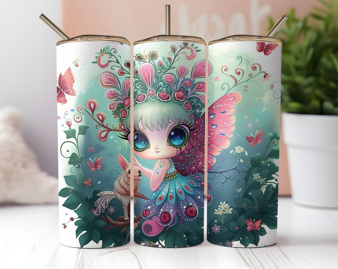 Featured listing image: Cute Mythical Peacock Fairy Tumbler Wrap Design 20oz Skinny Tumbler Sublimation Designs  - PNG Digital Download  - Seamless Tumbler Wrap