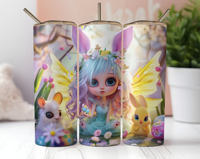 Featured listing image: Happy Easter Bunny & Fairy ~ Tumbler Wrap Design for Sublimation 20 oz Skinny Tumbler| SINGLE IMAGE | Commercial Use PNG Digital Download