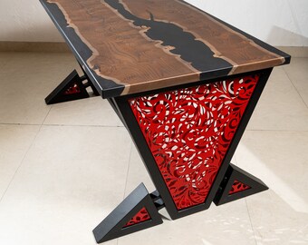 Epoxy resin table, epoxy wood table, epoxy dining table, black epoxy, acacia wood, red carved monogrammed table legs