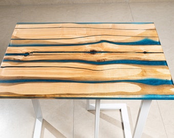 Epoxy resin table, epoxy wood table, epoxy dining table, blue epoxy, ash wood