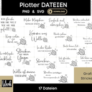 May include: A digital download graphic with the text "Plotter Dateien" and "PNG & SVG". The image features various text designs related to knitting, such as "Keep calm and knit on" and "Stricken ist mein Yoga".