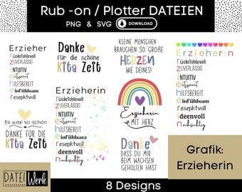 May include: Eight colorful designs for a kindergarten teacher, featuring rainbows, hearts, and the text "Erzieherin" (German for "kindergarten teacher") and "Danke" (German for "thank you").