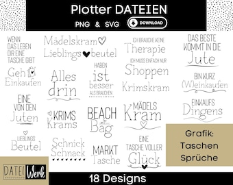 May include: A set of 18 black and white digital designs for cutting machines. The designs feature various phrases related to shopping, bags, and the joy of finding good deals. The text includes phrases like "Mädelskram", "Lieblingsbeutel", "Alles drin", "Beach Bag", "Jute", "Einkaufs Dingens", and "Tasche voller Glück".