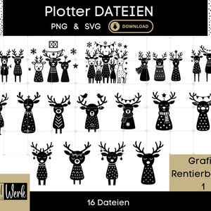 以下が含まれることがあります： さまざまなデザインのトナカイの白黒デジタルイラスト。画像には「Plotter DATEIEN」と「PNG & SVG」のテキストとダウンロードボタンが含まれています。画像の下部には「16 Dateien」と「Grafik: Rentierbande 1」と書かれています。