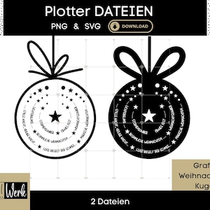 Puede incluir: Diseños de adornos navideños en blanco y negro con detalles de estrellas y texto. Los adornos tienen forma circular con una estrella en el centro y texto en los bordes. La imagen incluye el texto "Plotter DATEIEN" y "PNG & SVG".