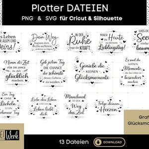 Puede incluir: Un conjunto de 13 archivos de diseño digital para Cricut y Silhouette, con citas inspiradoras en blanco y negro. El texto incluye frases como "Disfruta de los pequeños momentos" y "Sigue tu corazón".