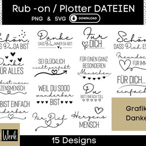 15 Danke Sprüche Grafik SVG Bundle, Plotterdatei für Cricut Silhouette, Rub-on Herstellung Download Grafik PNG Herzensmensch Für Dich