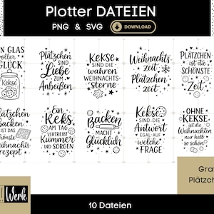Puede incluir: Un conjunto de diseños digitales en blanco y negro con texto en alemán, que incluye frases sobre galletas y Navidad. Los diseños están en formatos PNG y SVG, con las palabras "Plotter DATEIEN" en la parte superior.