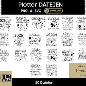 Könnte beinhalten: Schwarz-weiße digitale Designs für Plottermaschinen mit Neujahrs- und Feiertagsmotiven. Enthält Texte wie "2026", "Frohes Neues Jahr" und andere festliche Phrasen. Die Designs sind im PNG- und SVG-Format verfügbar.