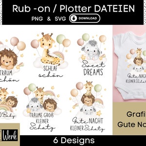 Gute Nacht Baby Sprüche mit Tieren Grafik SVG, Plotterdatei für Cricut Silhouette, Download Grafik PNG
