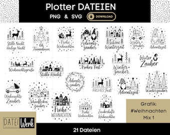 May include: A collection of 21 black and white Christmas-themed digital designs. The designs include images of reindeer, Christmas trees, houses, and text such as "Frohe Weihnachten" and "Winter Zauber". The designs are available in PNG and SVG formats.