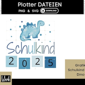 Spruch Schulkind Grundschule Schule Dino 2025 mit blau für Jungen Grafik SVG, Bügelbild, Plotterdatei, Download Grafik PNG
