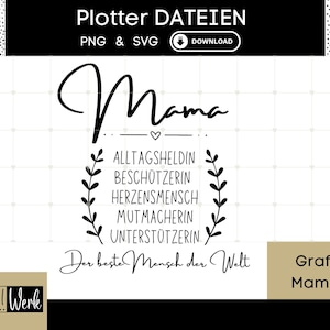 Deutscher Spruch Mama Grafik SVG, Plotterdatei Muttertag für Cricut Silhouette, Rub-ons Herstellung Download Grafik PNG