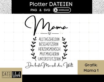 Könnte beinhalten: Schwarzweißes Grafikdesign mit dem Wort "Mama" in einer Schriftart. Der Text "Alltagsheldin, Beschützerin, Herzensmensch, Mutmacherin, Unterstützerin" ist unter dem Wort "Mama" mit einem floralen Design auf beiden Seiten aufgelistet. Der Text "Der beste Mensch der Welt" befindet sich unter der Wortliste. Der Text "Grafik: Mama 1" befindet sich in der unteren rechten Ecke des Designs.