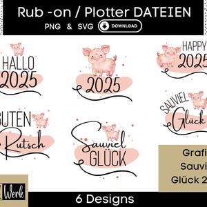 Lucky Sayings New Year's Eve 2025 Lucky Pig grafische SVG-bundel, plotterbestand voor Cricut silhouet, rub-on productie download grafische PNG