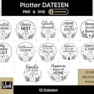 Könnte beinhalten: Eine Sammlung von schwarz-weißen SVG- und PNG-Dateien zum Thema Zuhause. Jedes Design zeigt eine Hausillustration, umgeben von Blättern und Text, darunter Sätze wie "Home Sweet Home" und "My Happy Place".