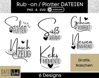 Könnte beinhalten: Sechs schwarz-weiße Designs für Etiketten oder Aufkleber. Die Designs zeigen Text in deutscher Sprache, darunter "Seelenfutter", "Süßkram", "Geheimvorrat", "Naschzeug", "Keksmomente" und "Nervennahrung". Der Text ist von Herzen und einem grauen Hintergrund umgeben.