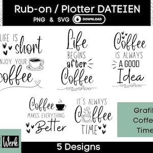 Sprüche Coffee Grafik SVG Bundle, Plotterdatei Kaffee für Cricut Silhouette, Rub-on Herstellung Download Grafik PNG