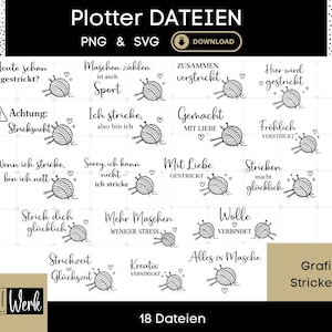 May include: A digital download graphic with the text "Plotter DATEIEN" and "PNG & SVG". The image features various knitting-themed designs with phrases like "Stricksucht" and "Stricken macht glücklich". Includes a "Download" button.