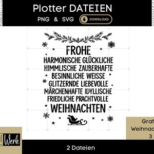 Könnte beinhalten: Ein schwarz-weißes Weihnachts-Design mit den Worten "FROHE WEIHNACHTEN" und anderen festlichen Wörtern. Das Design enthält Schneeflocken, Sterne und einen Schlitten. Der Text ist in einer fetten, serifenlosen Schriftart.