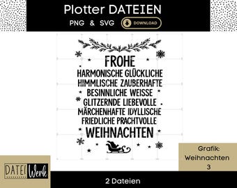 May include: A black and white Christmas-themed digital design with the words "FROHE WEIHNACHTEN" and other festive words. The design includes snowflakes, stars, and a sleigh. The text is in a bold, sans-serif font.