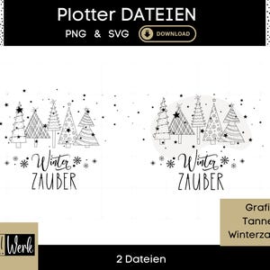 Puede incluir: Diseño digital en blanco y negro con árboles de Navidad y el texto "Winter ZAUBER". El diseño incluye estrellas y copos de nieve, perfecto para manualidades navideñas. También incluye el texto "Plotter DATEIEN" y "PNG & SVG".
