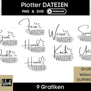 May include: Nine black and white laundry labels with German text. The labels include "Bunt Wäsche", "Dunkle Wäsche", "Fein Wäsche", "Hand Wäsche", "Hand Tücher", "Koch Wäsche", "Sport Wäsche", "Unter Wäsche", and "Weisse Wäsche".