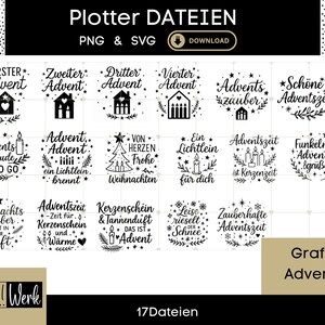 Könnte beinhalten: Ein digitaler Download mit 17 Adventsmotiven in Schwarz und Weiß. Jedes Design enthält Text und festliche Illustrationen wie Häuser, Kerzen und Sterne. Der obere Banner lautet "Plotter DATEIEN PNG & SVG".