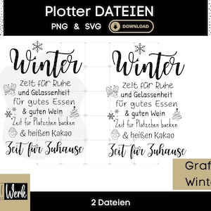 Puede incluir: Diseño digital en blanco y negro con la palabra "Winter" en escritura cursiva. El diseño incluye texto en alemán, copos de nieve, mitones, un árbol de Navidad y una taza. El diseño es para archivos PNG y SVG.