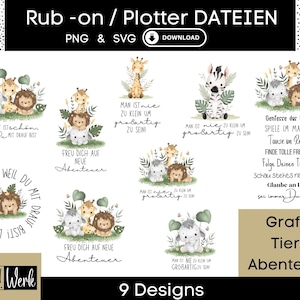 Amigos de aventuras Refranes de bebés con animales Elefante, jirafa y león Gráfico SVG, Archivo de trazador para silueta Cricut, Descargar gráfico PNG