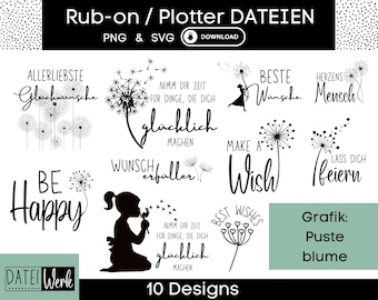 Puede incluir: Un conjunto de 10 diseños de diente de león en blanco y negro para manualidades. Los diseños incluyen frases como "Be Happy", "Make a Wish", "Best Wishes" y "Allerliebste Glückwünsche". Los diseños están etiquetados como "Rub-on / Plotter Dateien" y "Puste Blume".