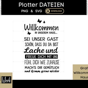 Könnte beinhalten: Schwarz-weiße Grafik mit dem deutschen Wort "Willkommen" und weiteren Sätzen, verziert mit Schmetterlingsillustrationen. Das Design ist eine Plotterdatei, verfügbar in PNG- und SVG-Formaten, mit "Download" und "Grafik: Willkommen zu Hause."
