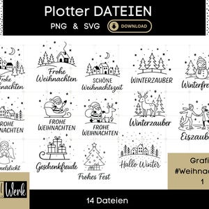 May include: A collection of 14 black and white Christmas-themed digital designs. The designs include illustrations of houses, trees, Santa Claus, reindeer, and winter scenes, with German text such as "Frohe Weihnachten" and "Winterzauber". The designs are available in PNG and SVG formats.